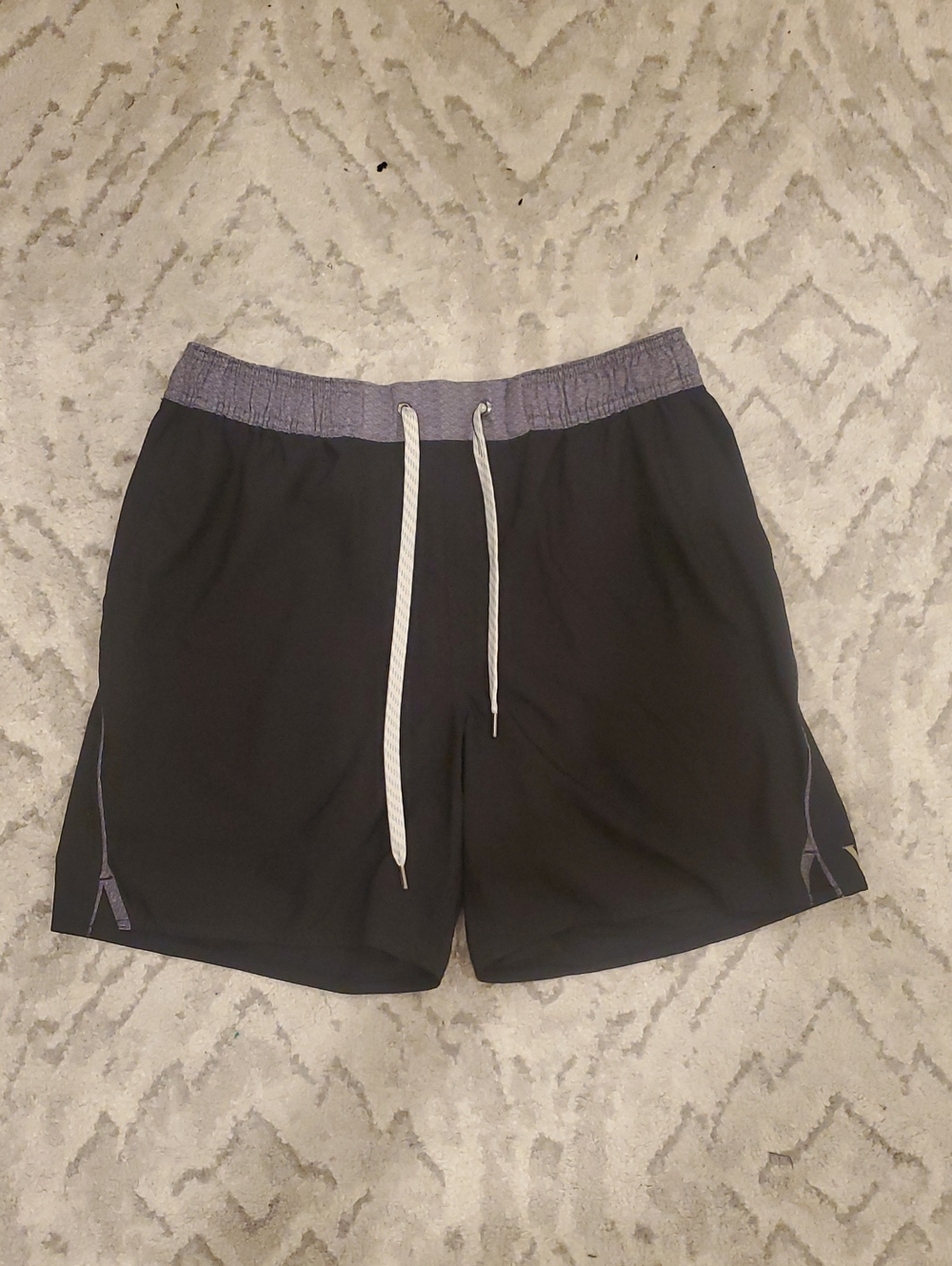 Vuori Black Athletic Shorts with Heathered Gray Waistband and Back Pocket